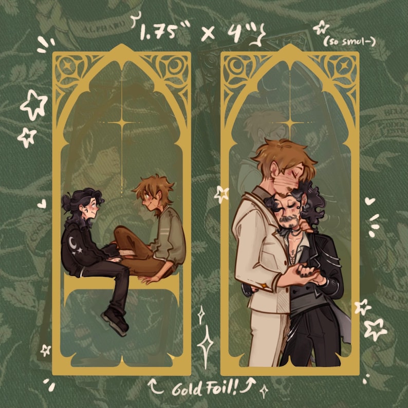 May include: Two gold foil art prints, each 1.75" x 4", feature illustrations of couples. One shows two people sitting, the other shows two people embracing. The text "Gold Foil!" is at the bottom.
