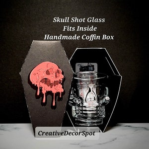 Personalized Skull Shot Glass & Custom Coffin Box/Crystal Clear Etched Skull Gift Set/Vodka Shot Glass/Wedding/Valentine Gift for Him or Her