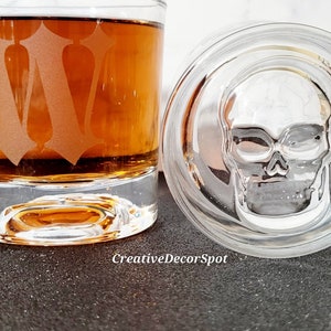 Personalized Skull Whiskey Glass/Hand Etched Customized Skull Glass/Skull Liquor Barware/Phantom Skull Double Old Fashion Glass/Gothic Skull