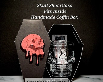 Personalized Skull Shot Glass & Custom Coffin Box/Crystal Clear Etched Skull Gift Set/Vodka Shot Glass/Wedding/Valentine Gift for Him or Her