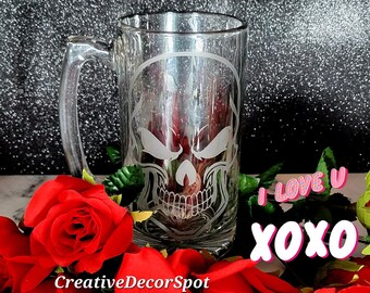 Extra Large Etched Skull Glass Mug/Personalized Beer Gift/Skull Beer Glass/Gothic Skull Glass/Custom Skull Beer Stein Glass/Fathers Day Gift