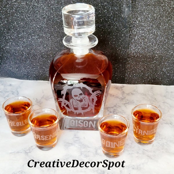 Customized Creepy Skeleton Whiskey Decanter & 4 Poison Shot Glasses/Skull Liquor Decanter Barware Gift Set/24 oz. Etched Skeleton Decanter