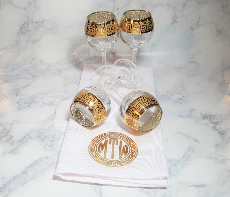 4 Greek Key Mini Gold Rimmed Stemmed Shot Glasses Custom Etsy