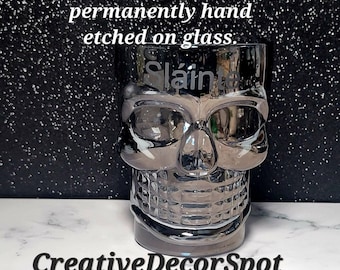 Personalized Etched Skull Beer Stein Glass With Bone Handle, Customized Metallic Smoke Gothic Drinking Glass
