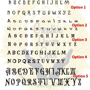 May include: Five different font styles are shown in black text on a white background. Each font style is labeled with a number from 1 to 5. The text "CHOOSE YOUR FONT STYLE" is at the top of the image.