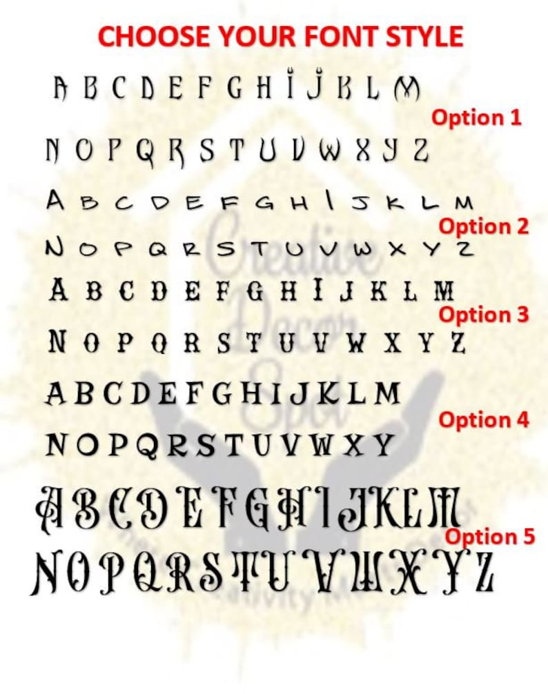 May include: Five different font styles are shown in black text on a white background. Each font style is labeled with a number from 1 to 5. The text "CHOOSE YOUR FONT STYLE" is at the top of the image.