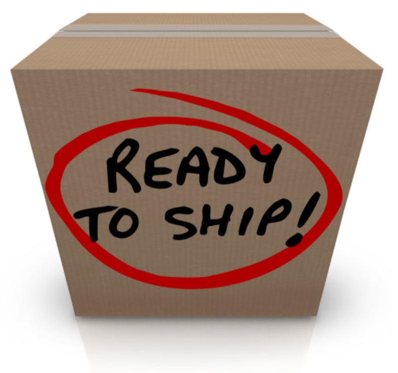 May include: A brown cardboard box with a red circle around the words "READY TO SHIP!" written in black marker.