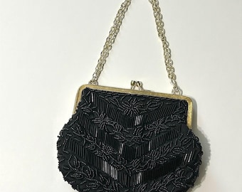 Vintage Black Beaded Evening Bag, Made in Hong Kong, Gold Chain Purse
