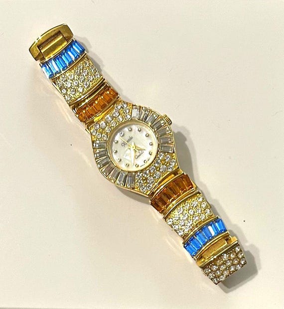 Vintage Rhinestone Wristwatch, Multicolor Rhinestones, Gold Tone (Not Running)