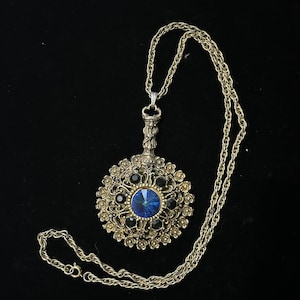 Vintage Blue Necklace with Mirror, Ornate Filigree Round Pendant, Victorian Revival Statement Jewelry