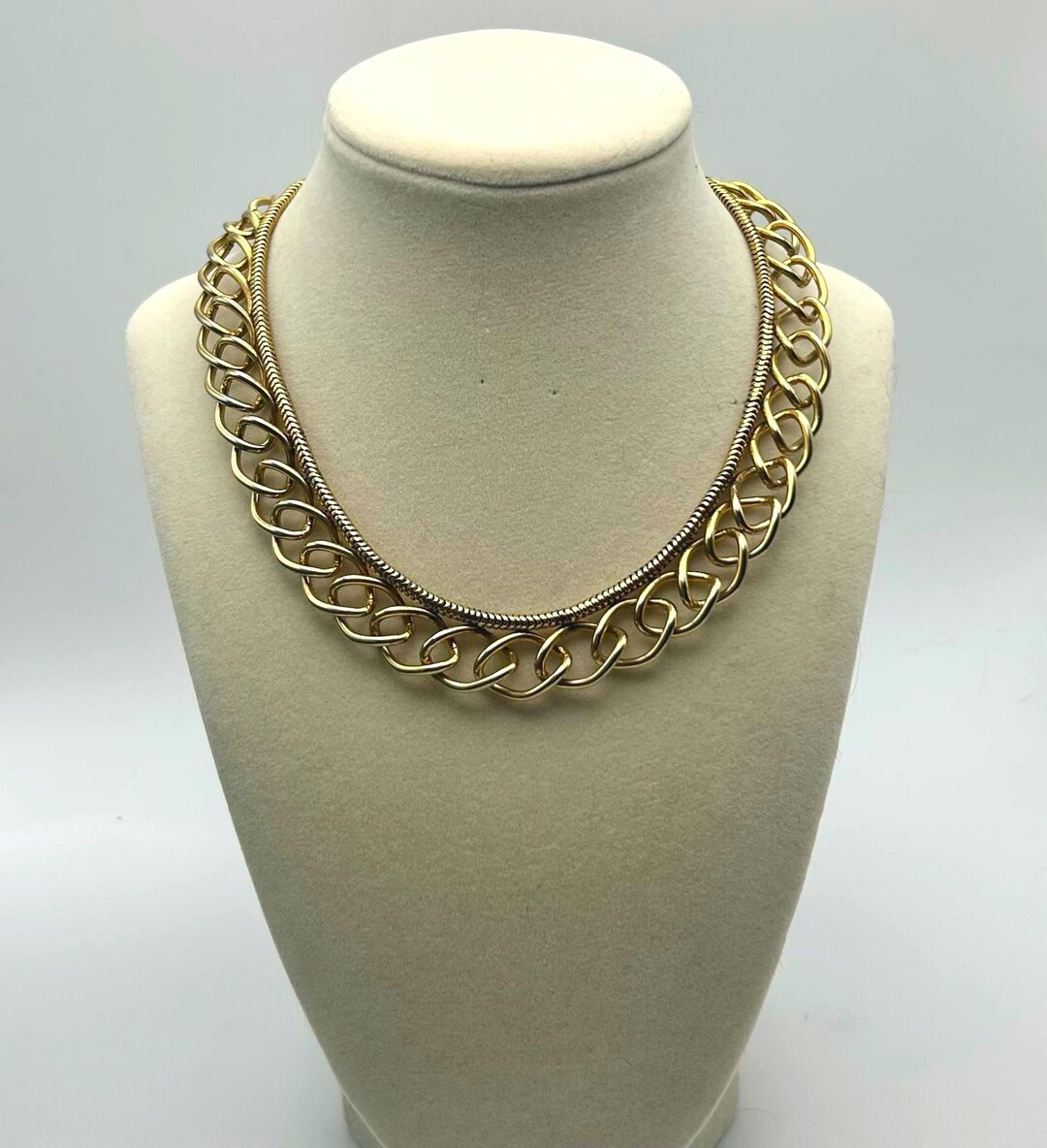 1980s Vintage Gold Tone Chain Necklace, Chunky Layered Statement ...