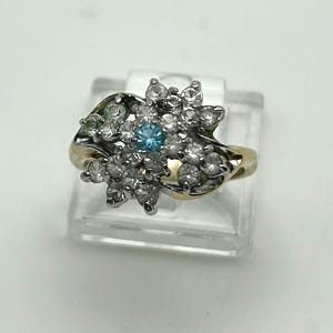Vintage Floral Cluster Ring 14KT GE Clear & Blue Stones Cocktail Jewelry Size 7