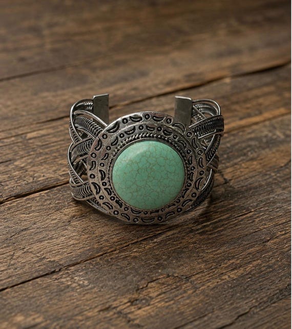 Turquoise Look Bracelet, Chunky Silver Statement Cuff