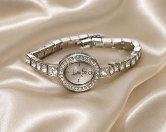 Rhinestone Watch Bracelet | Premier Designs Vintage Silver Tone Jewelry | Y2K Dress Watch with Box