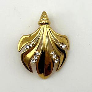 Kenneth Jay Lane Gold Leaf Pendant – Vintage KJL Statement Brooch w Rhinestones