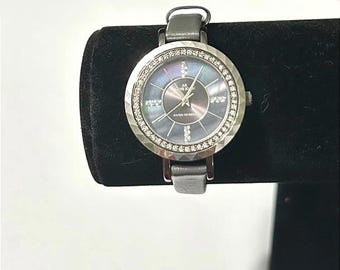 Rhinestone Bezel Watch | Anne Klein Iridescent Dial Timepiece with Round Face | Y2K Glamour Jewelry