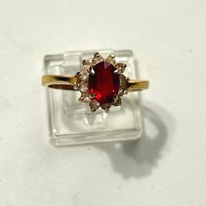 Vintage Red Stone Ring Gold Tone | Ruby Glass Cocktail Jewelry | Oval Statement with Clear Accent Stones Halo