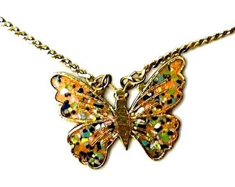 Vintage Butterfly Necklace, Gold Tone Enamel Pendant Jewelry