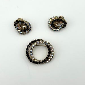 Vintage Black White Rhinestone Brooch and Clip-On Earring Set