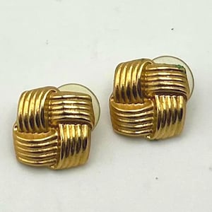 Vintage Woven Gold-Tone Pierced Earrings | 80s Textured Square Statement Jewelry