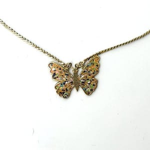 Vintage Butterfly Pendant Necklace Gold Tone Chain with Colorful Enamel Wings