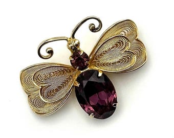 Vintage-Bienenbrosche | Goldfarbene Brosche mit lila Stein und Käfermotiv | Statement-Schmuck