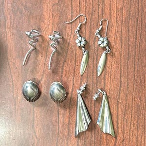Vintage Pierced Earring Lot – Silver Tone 4 Pairs Mixed 1980s Retro Styles Set
