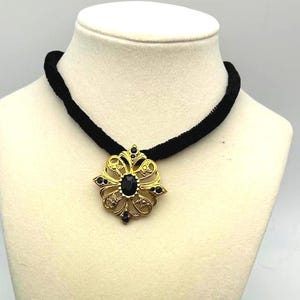 Vintage Black Velvet Choker with Gold & Black Pendant, 90s Goth Rocker Necklace