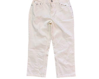 Pantalones capri vintage Y2K de tiro medio con detalle de bolsillo bordado, color blanco, tallas 8-10.
