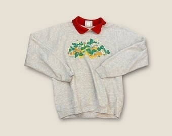 Vintage 90er Jahre Morgensonne Kragen Blumen Sweatshirt Grannycore Grau Groß