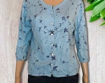 Cardigan floral Hillard & Hanson vintage des années 90 en bleu clair Small