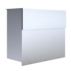 May include: A silver metal mailbox with a hinged top and a brushed finish. The mailbox has a rectangular shape and is designed for wall mounting.