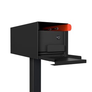 May include: A black mailbox with a red accent on top. The mailbox has a lock and a pull-out tray. The design is modern and minimalist, suitable for residential or commercial use.