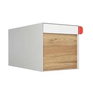 May include: A white and wood mailbox with a red flag. The mailbox has a slot for mail on the top and a door on the front.