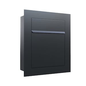 May include: A black metal mailbox with a horizontal slot for mail. The mailbox is mounted on a wall.