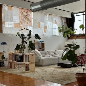 Puede incluir: Una sala de estar con un sofá seccional gris claro, una estantería de madera y dos plantas grandes en macetas. La habitación tiene una ventana grande con cortinas blancas y un suelo de madera.