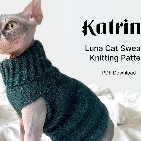 Luna Cat Sweater / Patrón de punto PDF Descargar Imprimible / Para perro o gato pequeño, Múltiples tamaños