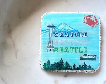 Hand-Painted Seattle Coaster: Space Needle, Rainier, Ferry