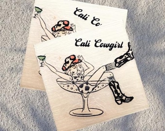 Cowgirl Martini Wooden Coaster, Western Home Decor