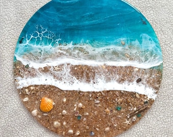 Ocean Wave Resin Art with Real Sand and Shells | Coastal Home Decor & Beach House Warming Gift | Handmade Sea Glass Wall Hanging