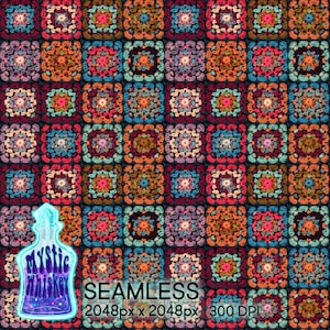 May include: A seamless pattern featuring a colorful crocheted granny square design. The squares are in shades of red, orange, yellow, green, blue, purple, and brown. The background is a dark blue. The text "SEAMLESS 2048px x 2048px 300 DPI" is at the bottom of the image.