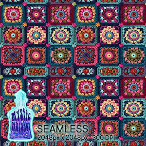 Kleurrijk gehaakt oma vierkant naadloos patroon I tegels | Instant download ik commercieel gebruik ik stof