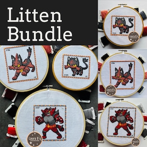 May include: Four embroidery hoops featuring cross-stitch patterns of the Pokemon Litten in different evolutionary stages. The hoops are white with a gold trim and the designs are in red, orange, and black.