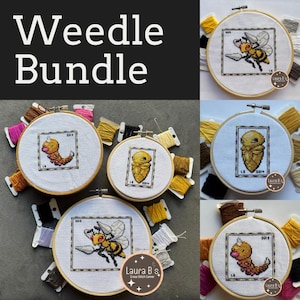 Puede incluir: Cuatro aros de bordado con patrones de punto de cruz del Pokémon Weedle en sus diferentes etapas de evolución. Los aros están sobre una superficie blanca con hilo de bordar de colores.