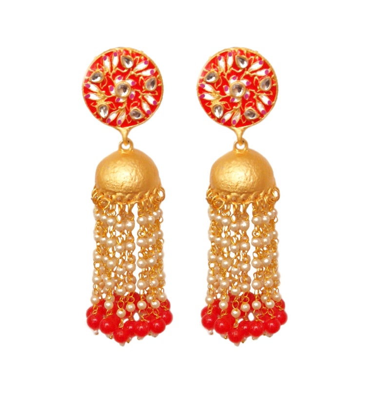 Red Meenakari Jhumka,Indian Jewelry,Gold Jhumka,Long Indian Pearl Earrings,Beads Jhumka,Tassel Earrings,Matte Jhumka,Bollywood Earrings