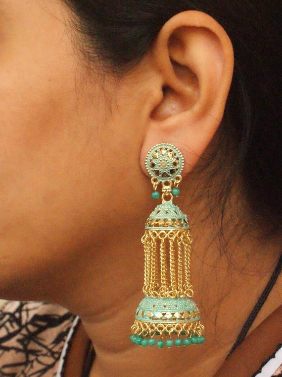 Long Painted Gold Jhumka south Indian Jewelry oversized Jhumka