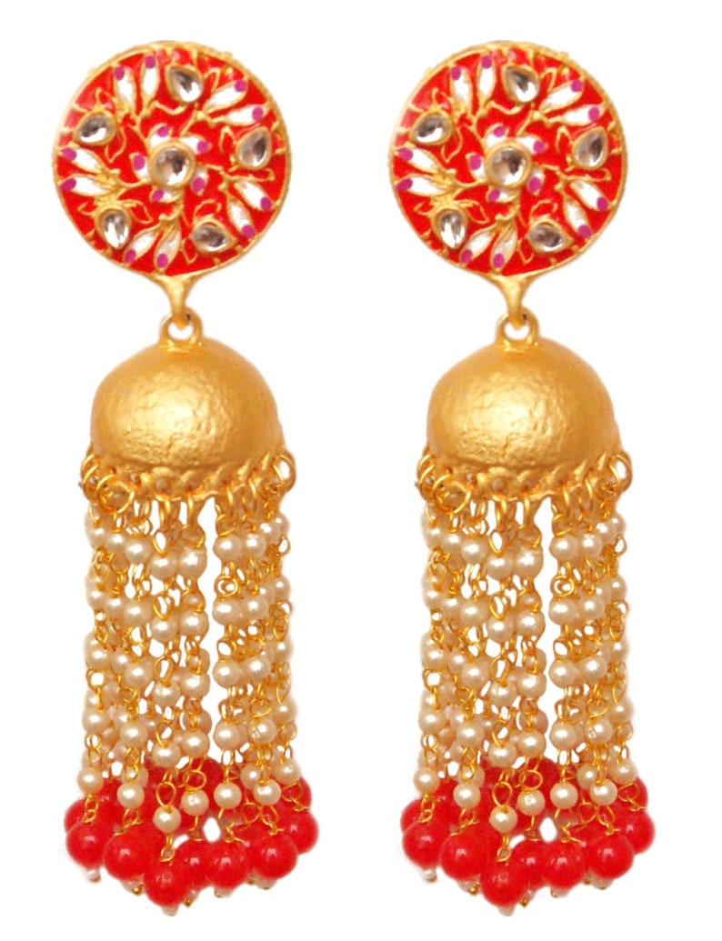 Red Meenakari Jhumka,Indian Jewelry,Gold Jhumka,Long Indian Pearl Earrings,Beads Jhumka,Tassel Earrings,Matte Jhumka,Bollywood Earrings