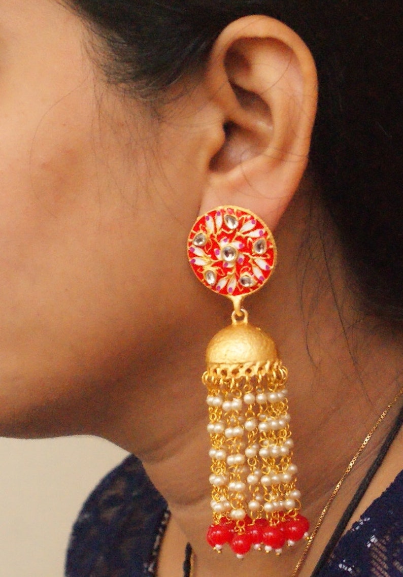 Red Meenakari Jhumka,Indian Jewelry,Gold Jhumka,Long Indian Pearl Earrings,Beads Jhumka,Tassel Earrings,Matte Jhumka,Bollywood Earrings