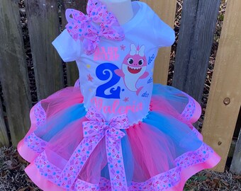Costumized birthday cake smash photo shoot Baby Girl BABY SHARK pink inspired Tutu silver blue pink aqua iron on 1st 2nd.