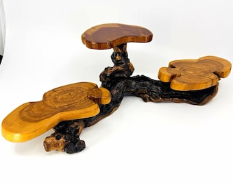Carved Wood Root Burl Multi-Level  Stand Display Table Brown/Black 17in